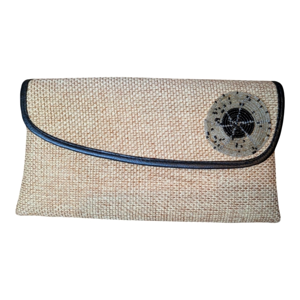 Woven Fold Over Snap & Zip Clutch Beaded Spiral Detail Black Vegan Leather Trim